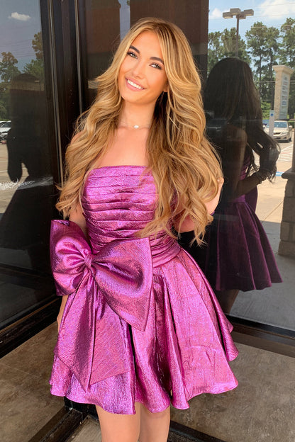 Purple A-Line Ruched Short Homecoming Dress with Bow