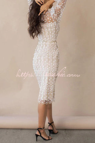 Vestido midi ajustado con mangas abullonadas transparentes y bordado Floral Passions 