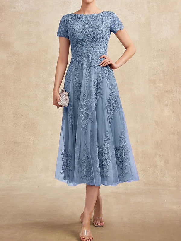 Vestido de madre de la novia de tul con encaje y corte en A, largo hasta la rodilla