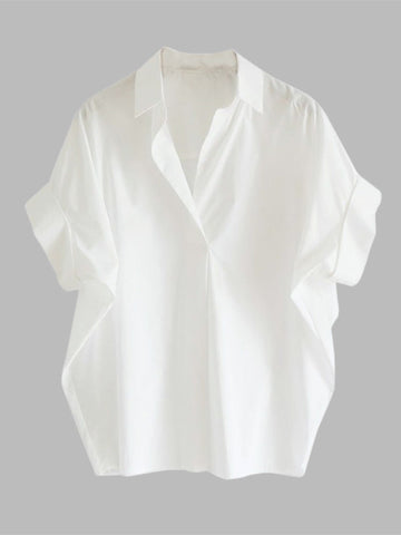 Casual Short Sleeves Loose Solid Color Lapel Collar Blouses&Shirts Tops