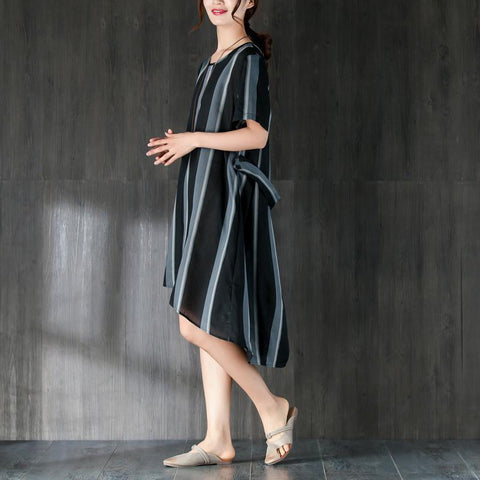 Short Sleeves Stripe Women Dress with Ribbon