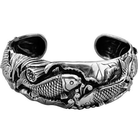 Sterling Silver Koi Fish Playing with Lotus Bracelet