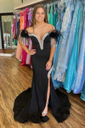 Schulterfreies, langes Meerjungfrauen-Abendkleid aus Satin mit Pailletten