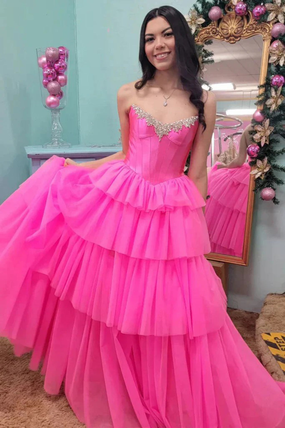 Off the Shoulder A-Line Tulle Tiered Long Corset Prom Dress with Slit