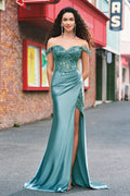 Meerjungfrauen-Abendkleid aus Satin mit schulterfreiem, langem Korsett und Applikationen