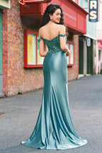 Meerjungfrauen-Abendkleid aus Satin mit schulterfreiem, langem Korsett und Applikationen