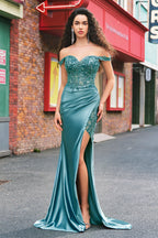 Meerjungfrauen-Abendkleid aus Satin mit schulterfreiem, langem Korsett und Applikationen