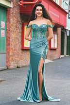 Meerjungfrauen-Abendkleid aus Satin mit schulterfreiem, langem Korsett und Applikationen