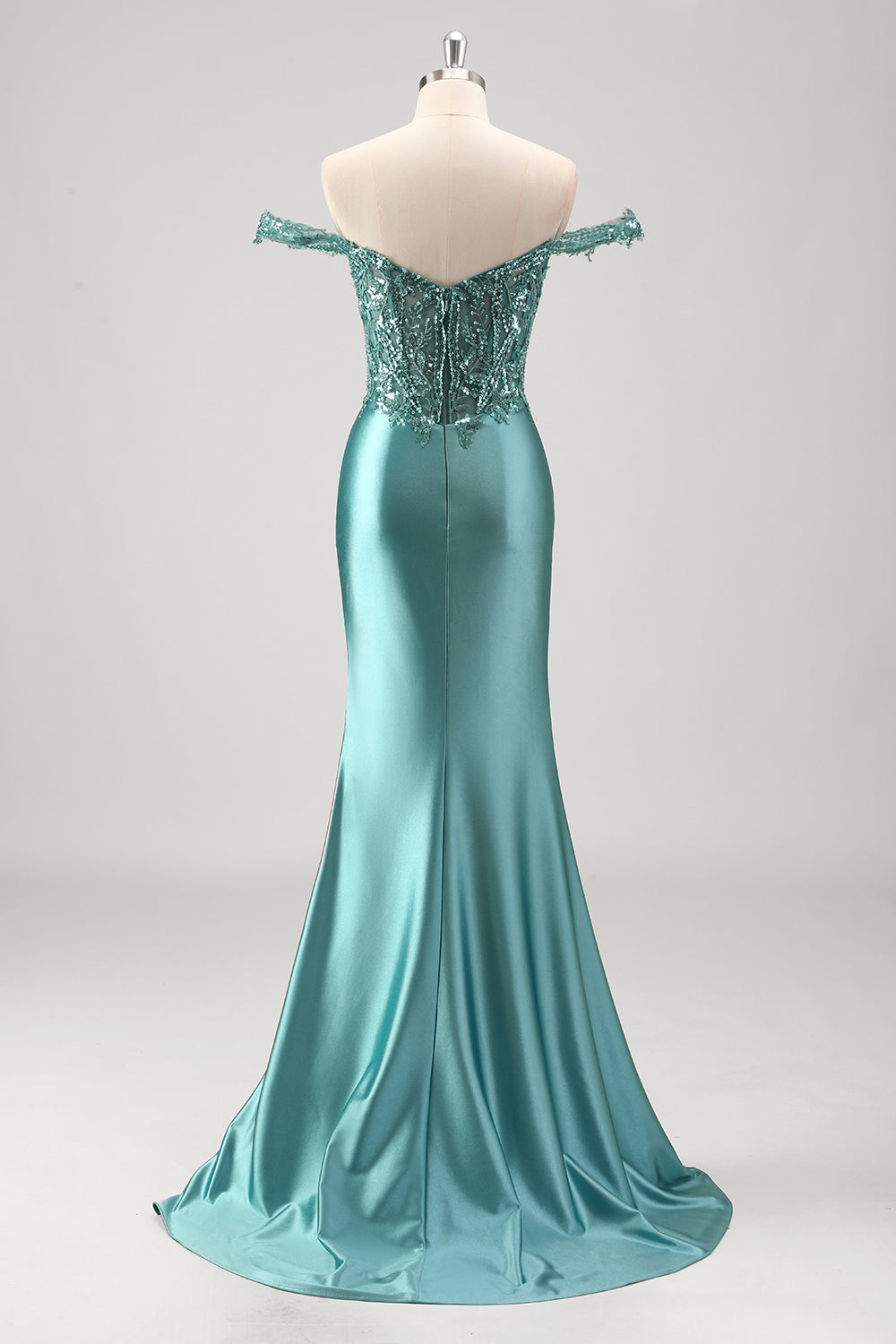 Meerjungfrauen-Abendkleid aus Satin mit schulterfreiem, langem Korsett und Applikationen