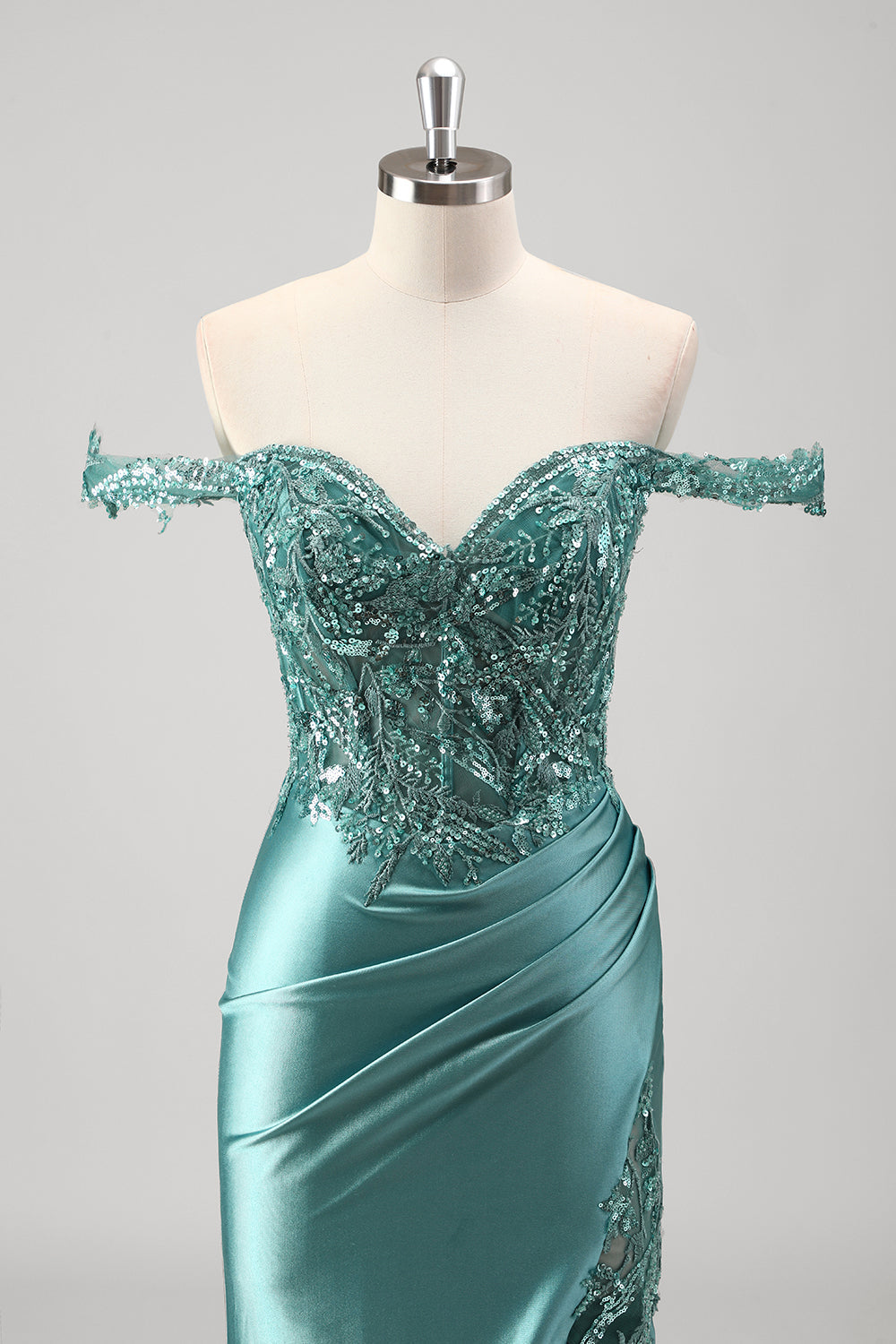 Meerjungfrauen-Abendkleid aus Satin mit schulterfreiem, langem Korsett und Applikationen