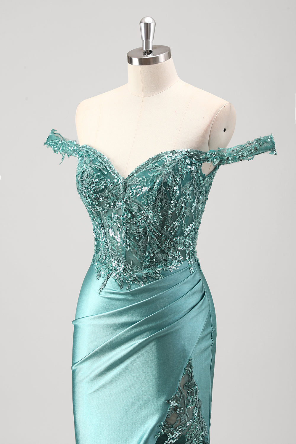Meerjungfrauen-Abendkleid aus Satin mit schulterfreiem, langem Korsett und Applikationen