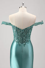 Meerjungfrauen-Abendkleid aus Satin mit schulterfreiem, langem Korsett und Applikationen