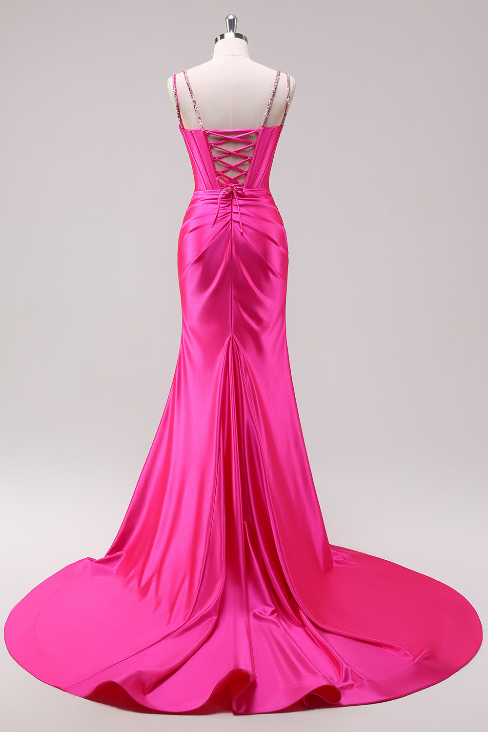 Meerjungfrauen-Abendkleid aus Satin mit Spaghettiträgern und langem Korsettmuster sowie Perlenstickerei