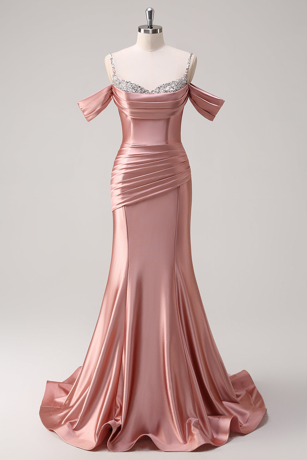 Rosafarbenes, langes, gerafftes Meerjungfrauen-Abendkleid aus Satin mit Spaghettiträgern und Pailletten