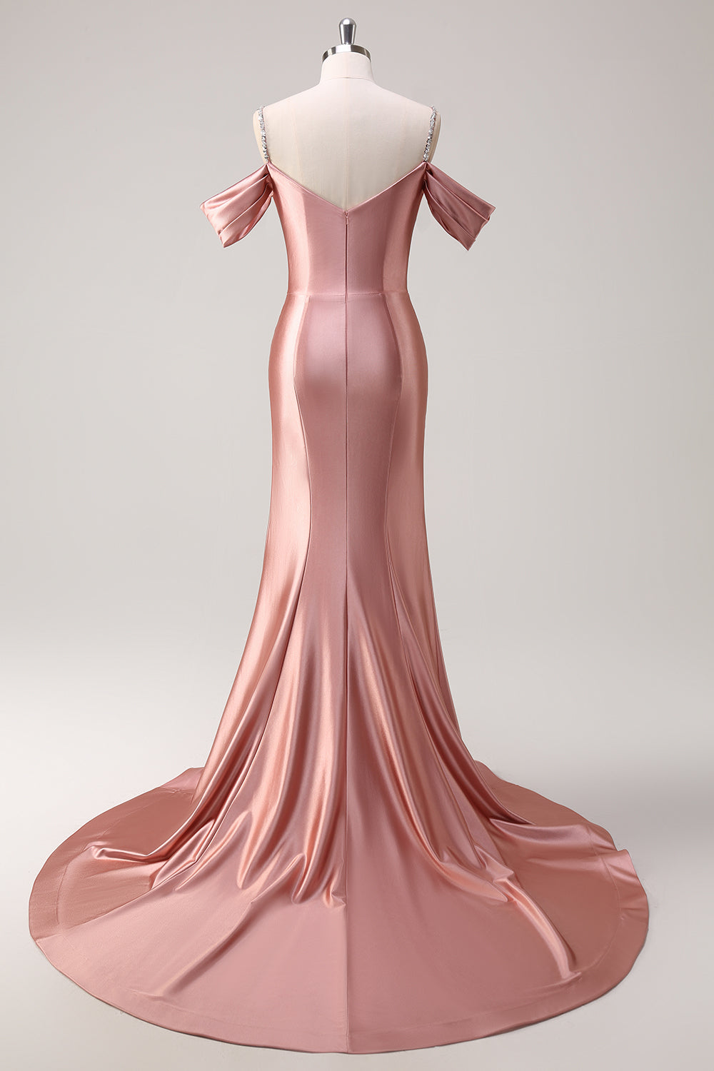 Rosafarbenes, langes, gerafftes Meerjungfrauen-Abendkleid aus Satin mit Spaghettiträgern und Pailletten