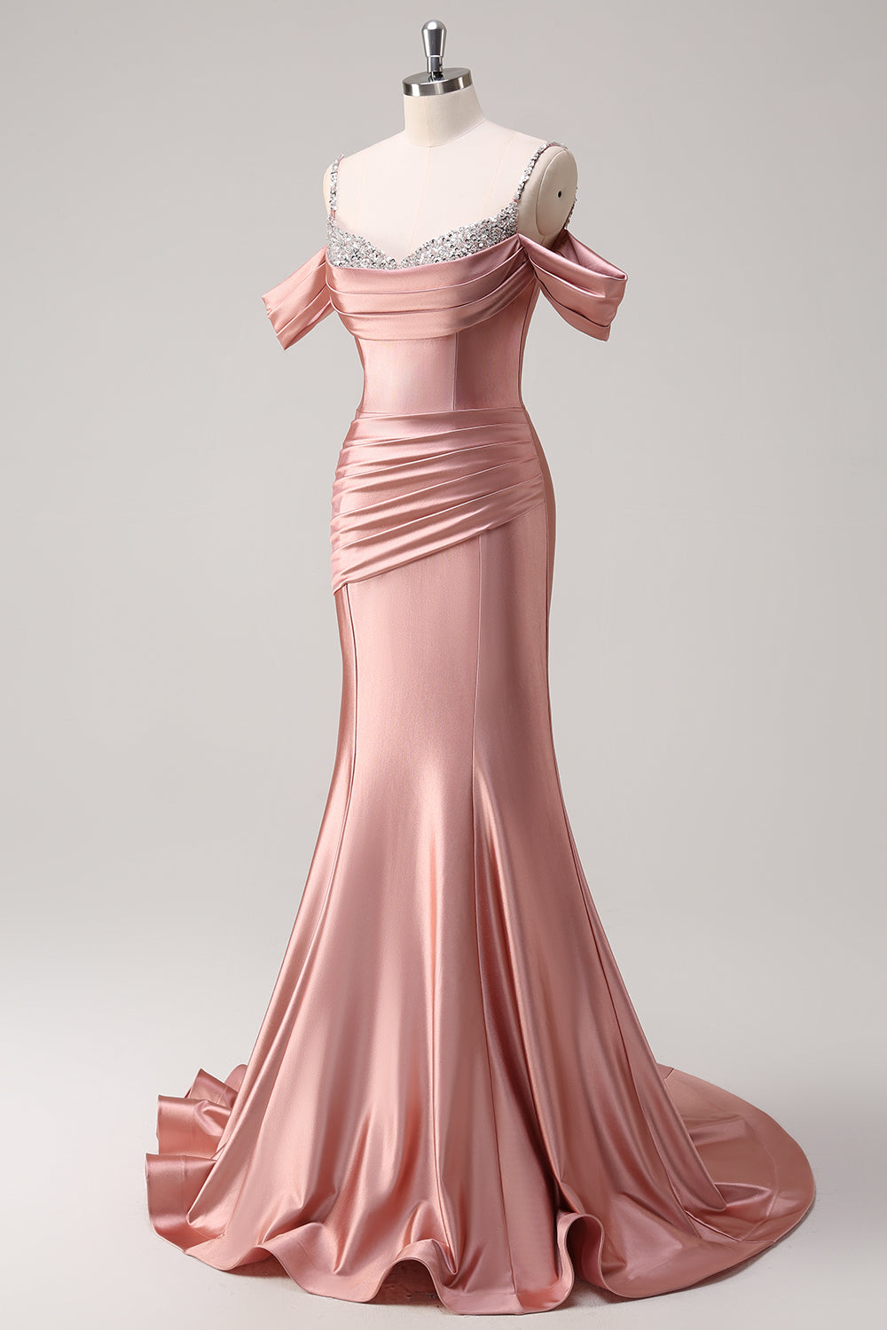 Rosafarbenes, langes, gerafftes Meerjungfrauen-Abendkleid aus Satin mit Spaghettiträgern und Pailletten