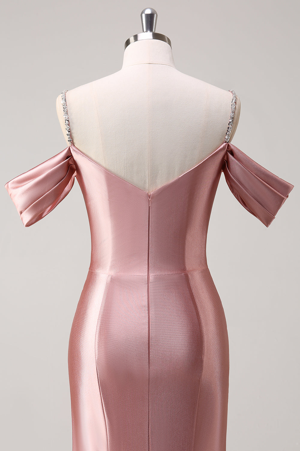 Rosafarbenes, langes, gerafftes Meerjungfrauen-Abendkleid aus Satin mit Spaghettiträgern und Pailletten