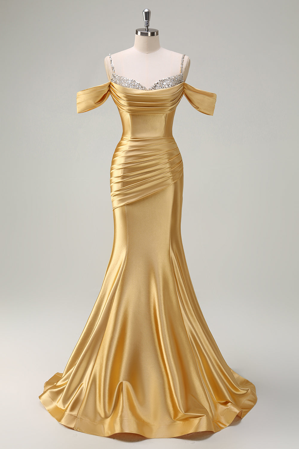 Rosafarbenes, langes, gerafftes Meerjungfrauen-Abendkleid aus Satin mit Spaghettiträgern und Pailletten