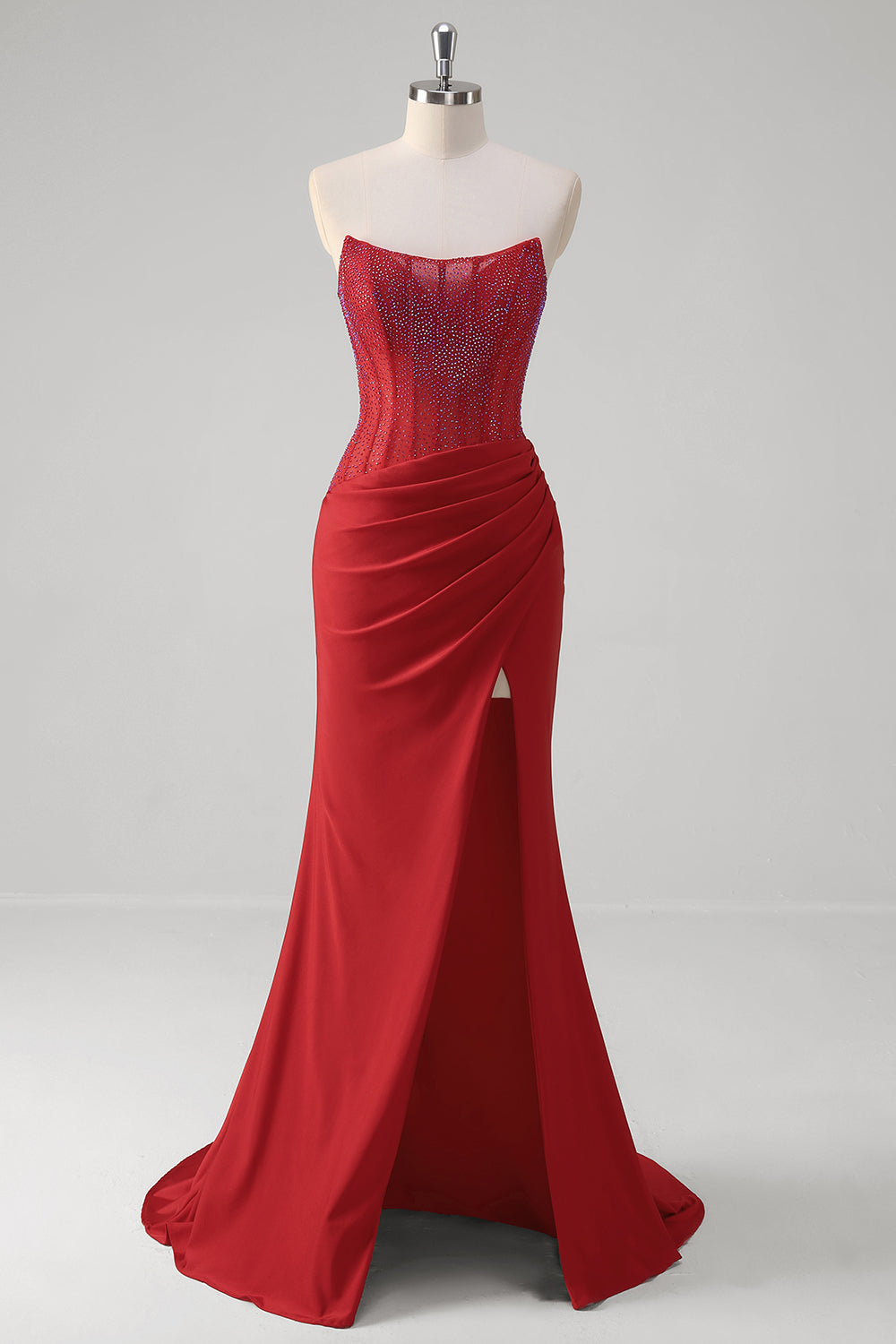 Vestido de fiesta largo de satén con corsé y cuentas, sin tirantes y corte sirena