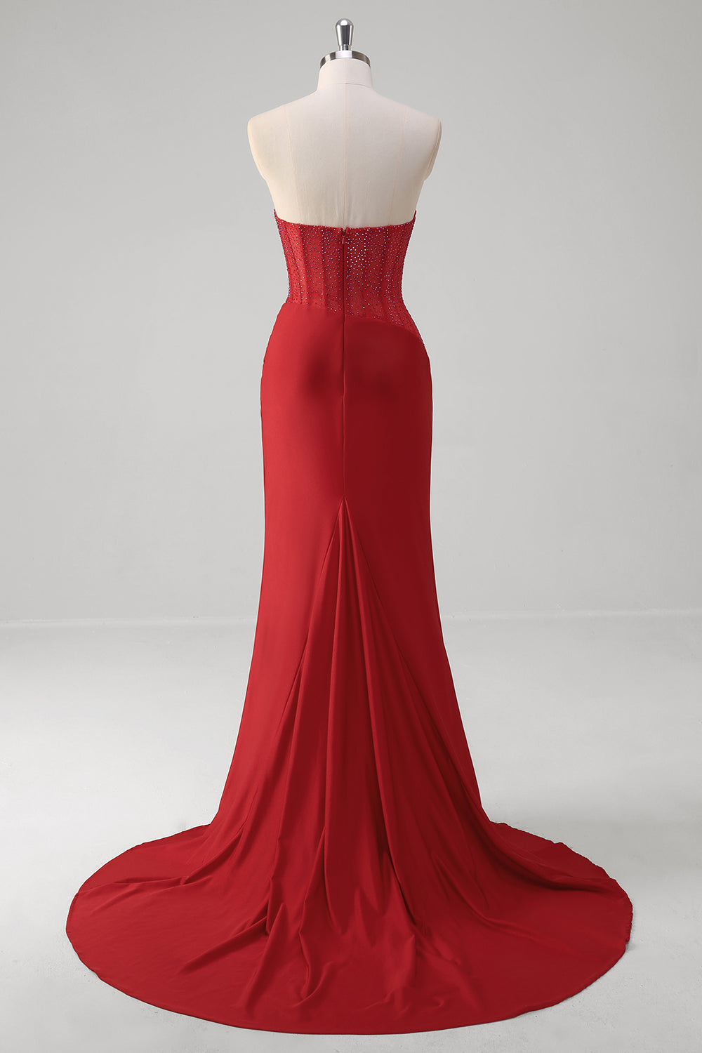 Vestido de fiesta largo de satén con corsé y cuentas, sin tirantes y corte sirena