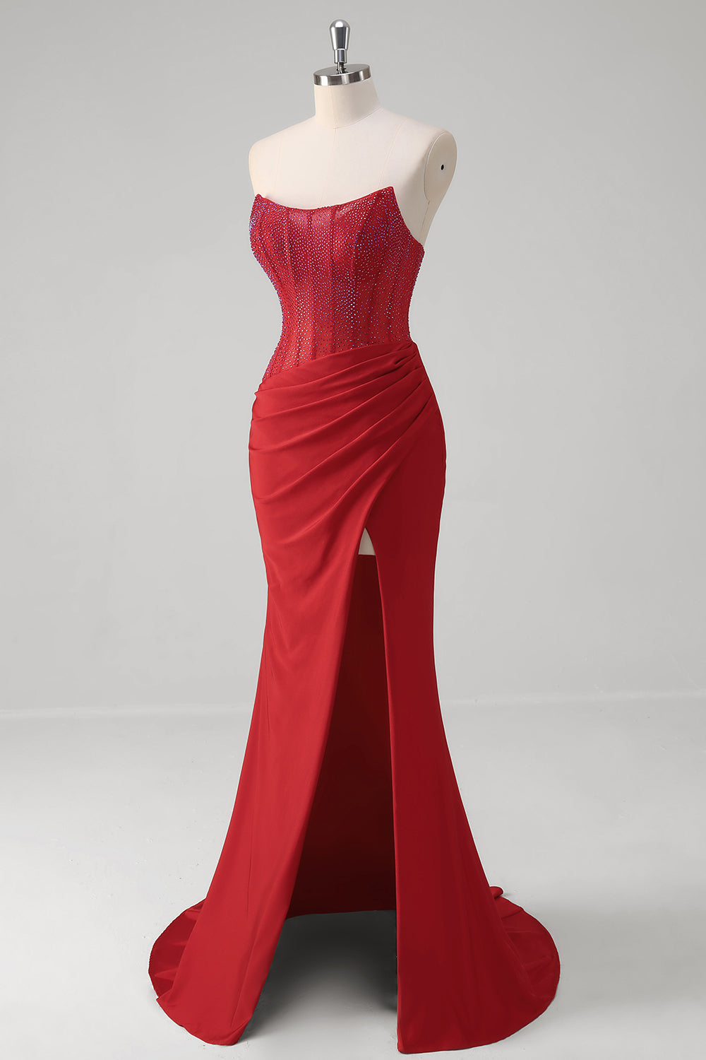 Vestido de fiesta largo de satén con corsé y cuentas, sin tirantes y corte sirena