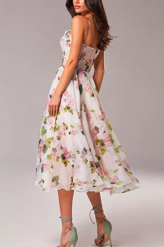 Meridress Adjustable Strap Waisted Floral Swing Midi Holiday Dress