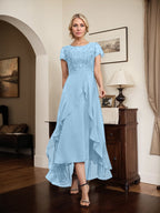 A-Linien-Kleid mit asymmetrischem Chiffon-Spitzenausschnitt, Schleife, Rüschen und Pailletten für die Mutter der Braut 