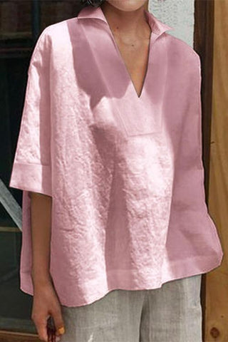 Meridress Oversized Lapel V Neck Half Sleeve Cotton Linen Shirt