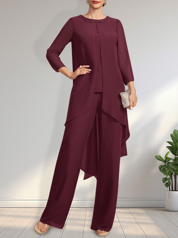 Vestido de gasa para madre de la novia, con escote redondo y largo hasta el suelo, con lentejuelas y abalorios, estilo mono/pantalón.