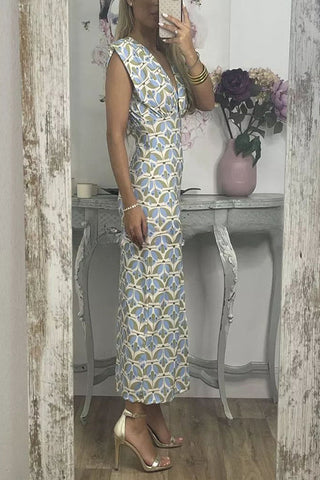 Forever Here – Bedrucktes Midikleid mit gepolsterter Schulterpartie und Schlitz vorne in der Mitte 