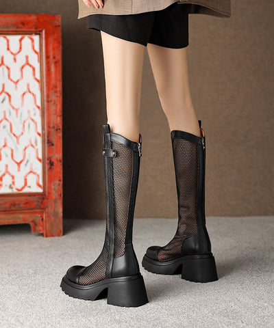 Sommerstiefel in Schwarz mit ausgehöhltem, atmungsaktivem Mesh-Spleißen und klobigem Absatz 