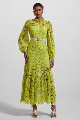 Vestido midi de manga larga con bordado de encaje verde 