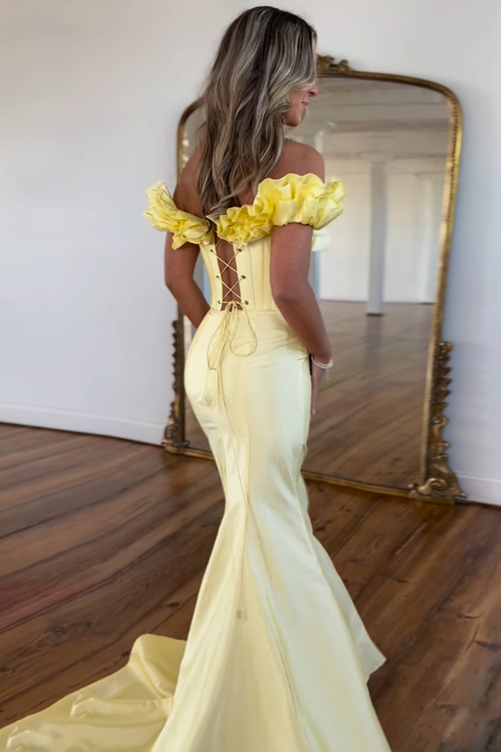 Off the Shoulder Mermaid Satin Long Prom Dress with Ruffles