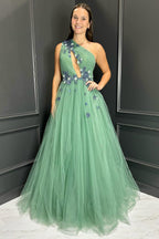 One Shoulder A-Line Tulle Long Prom Dress with 3D Flowers