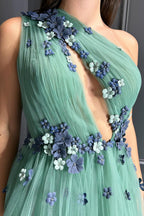 One Shoulder A-Line Tulle Long Prom Dress with 3D Flowers