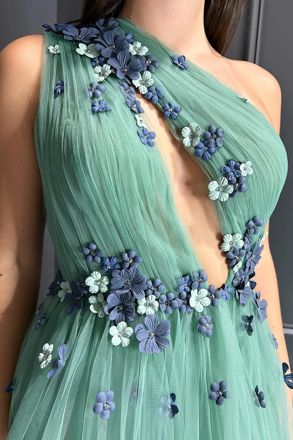One Shoulder A-Line Tulle Long Prom Dress with 3D Flowers