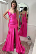 Mermaid Spaghetti Straps Satin Long Corset Prom Dress with Slit