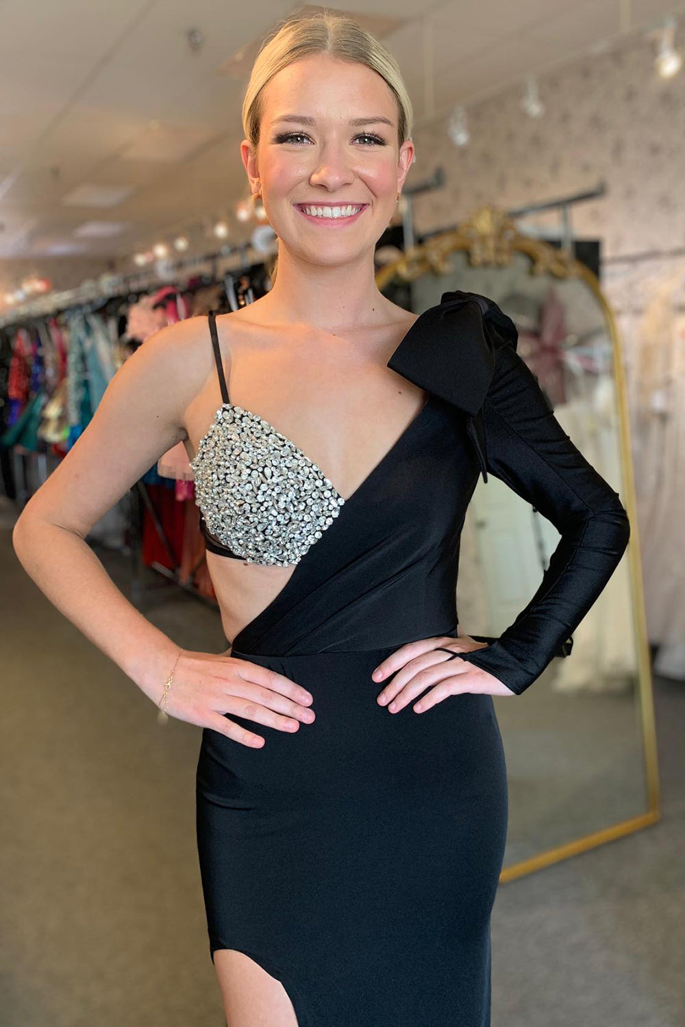 Meramid One Sleeves Mermaid Long Prom Dress with Beading