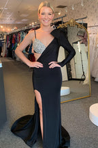 Meramid One Sleeves Mermaid Long Prom Dress with Beading