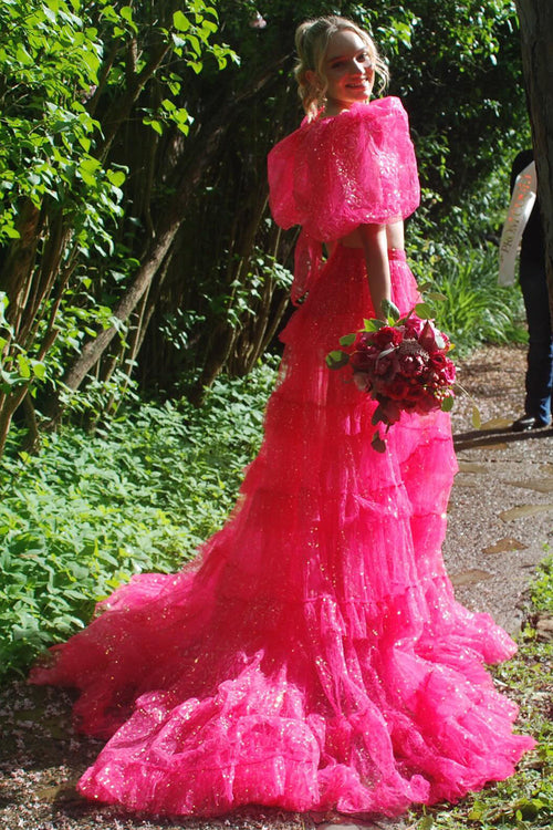 A-Line Tulle Tiered Square Neck Puff Sleeves Long Prom Dress with Slit