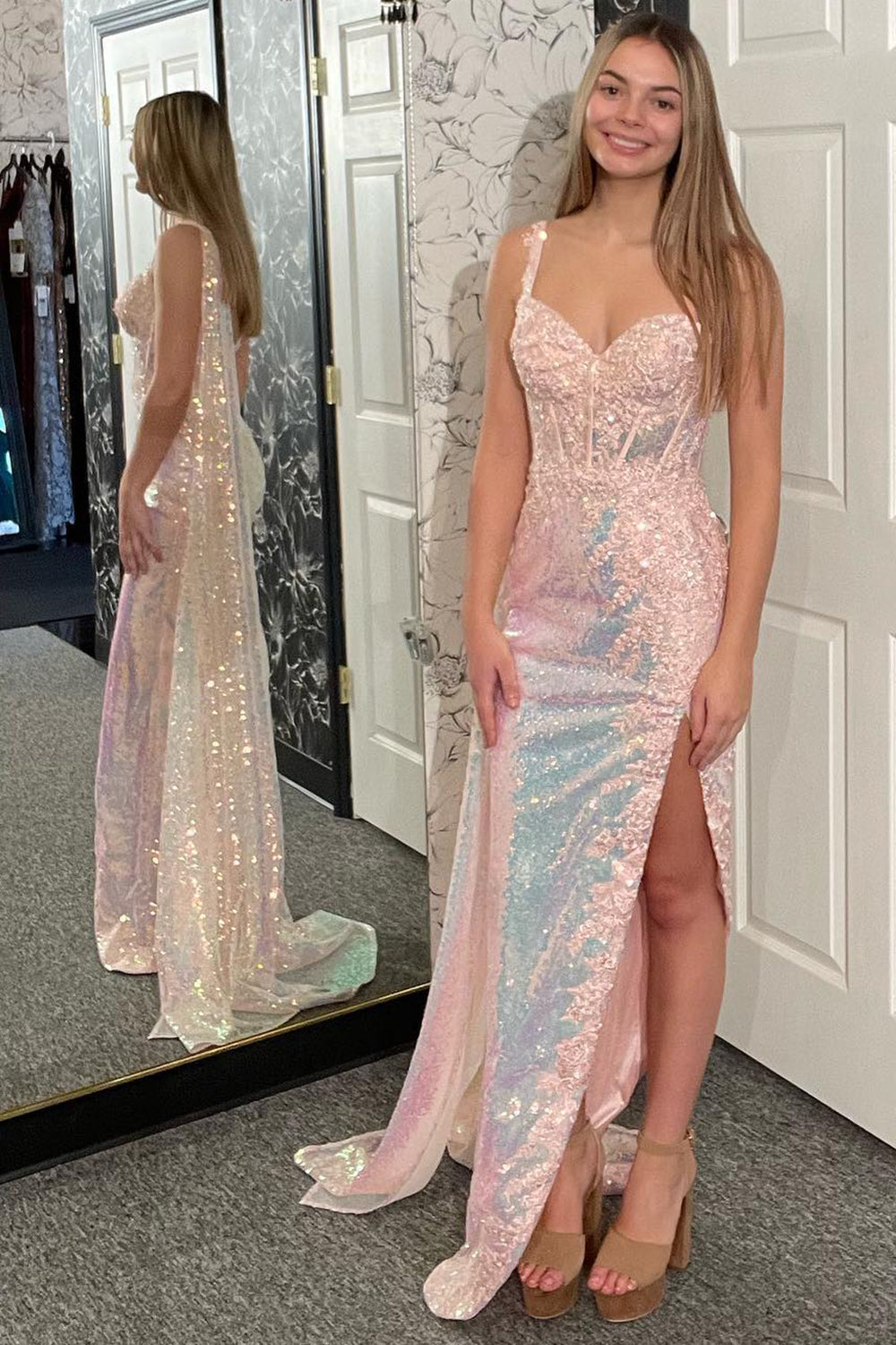 Light One Shoulder Cape Meramid Sequins Long Corset Prom Dress with Appliques