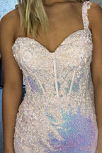 Light One Shoulder Cape Meramid Sequins Long Corset Prom Dress with Appliques