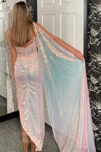 Light One Shoulder Cape Meramid Sequins Long Corset Prom Dress with Appliques