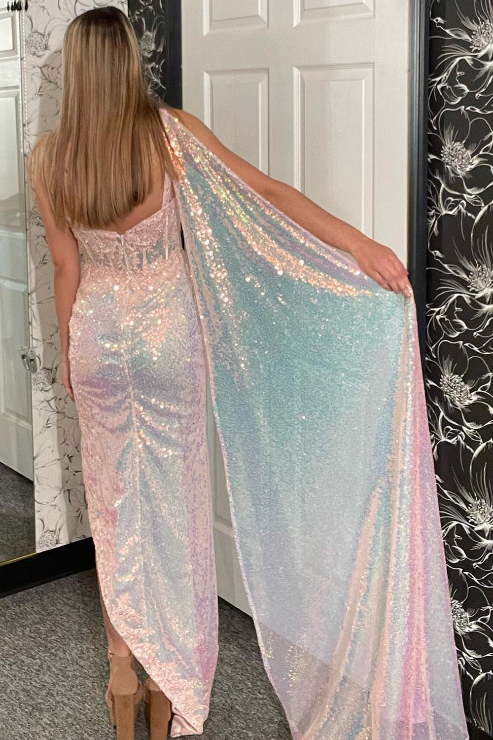 Light One Shoulder Cape Meramid Sequins Long Corset Prom Dress with Appliques