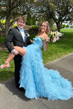 Light Sweetheart A-Line Tulle Tiered Long Prom Dress with Bows