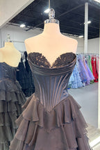 A-Line Sweetheart Chiffon Ruffled Long Corset Prom Dress with Slit