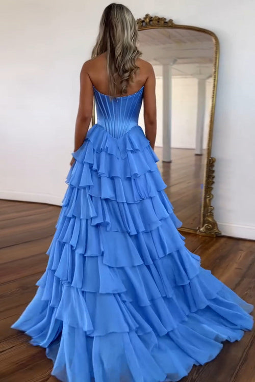 A-Line Sweetheart Chiffon Ruffled Long Corset Prom Dress with Slit