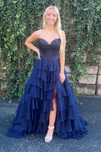 A-Line Sweetheart Chiffon Ruffled Long Corset Prom Dress with Slit