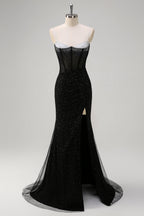 Glitter Royal Blue Spaghetti Straps Beaded Mermaid Long Corset Prom Dress with Slit