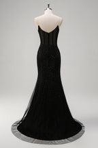 Glitter Royal Blue Spaghetti Straps Beaded Mermaid Long Corset Prom Dress with Slit